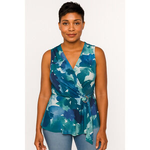 Sofia Vergara Sleeveless Faux Wrap Top Blue Green Print Belted V Neck  L NWT